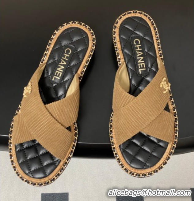 Good Product Chanel Cross Fabric Flat Slides Sandal with Chain Brown 2025A CH071506