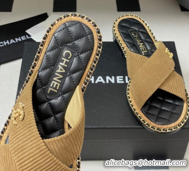 Good Product Chanel Cross Fabric Flat Slides Sandal with Chain Brown 2025A CH071506