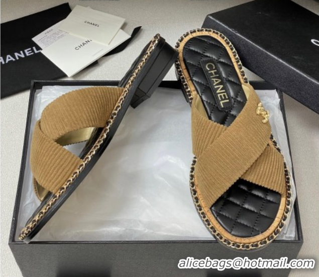 Good Product Chanel Cross Fabric Flat Slides Sandal with Chain Brown 2025A CH071506