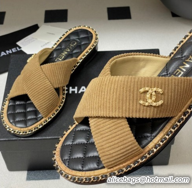 Good Product Chanel Cross Fabric Flat Slides Sandal with Chain Brown 2025A CH071506