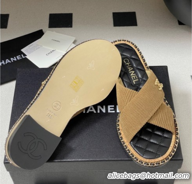 Good Product Chanel Cross Fabric Flat Slides Sandal with Chain Brown 2025A CH071506