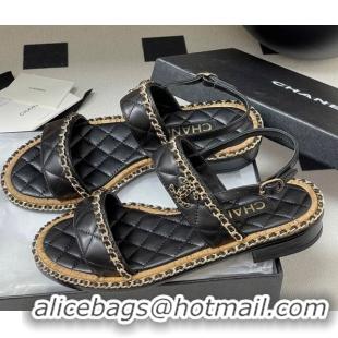 Good Looking Chanel Lambskin Flat Sandals with Chain Black 2025A CH071507