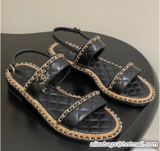 Good Looking Chanel Lambskin Flat Sandals with Chain Black 2025A CH071507