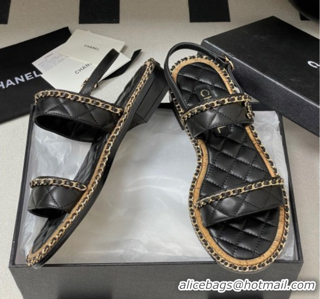 Good Looking Chanel Lambskin Flat Sandals with Chain Black 2025A CH071507