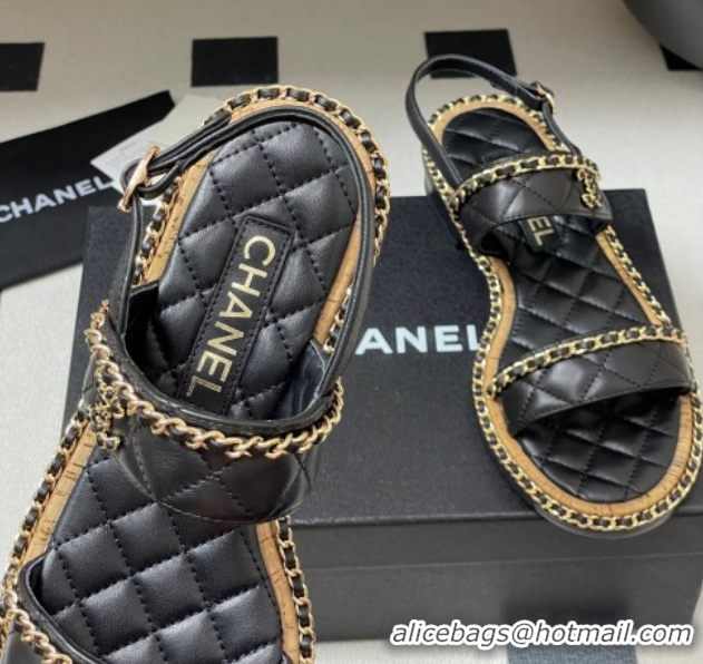 Good Looking Chanel Lambskin Flat Sandals with Chain Black 2025A CH071507
