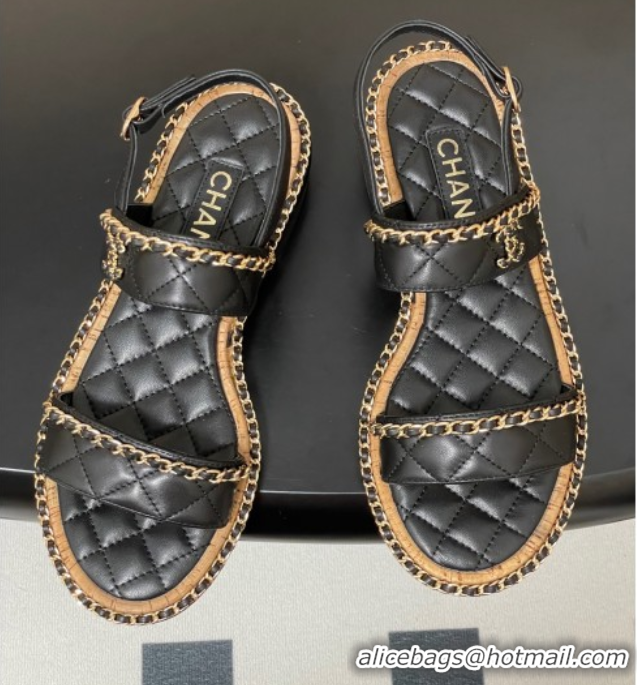 Good Looking Chanel Lambskin Flat Sandals with Chain Black 2025A CH071507