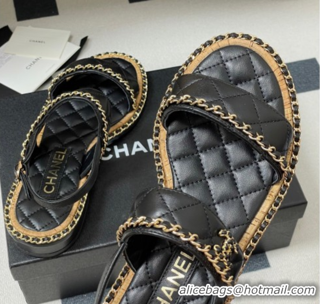 Good Looking Chanel Lambskin Flat Sandals with Chain Black 2025A CH071507