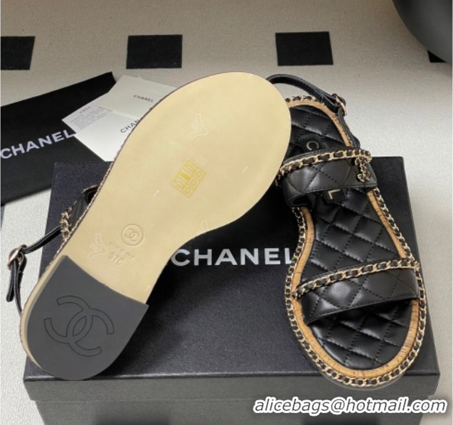 Good Looking Chanel Lambskin Flat Sandals with Chain Black 2025A CH071507