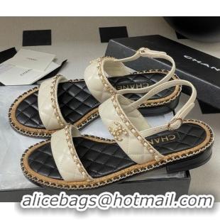 Big Discount Chanel Lambskin Flat Sandals with Chain White 2025A CH071507