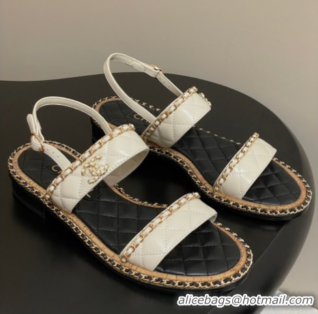 Big Discount Chanel Lambskin Flat Sandals with Chain White 2025A CH071507