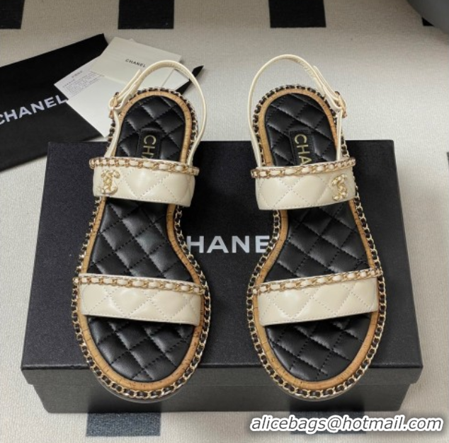 Big Discount Chanel Lambskin Flat Sandals with Chain White 2025A CH071507