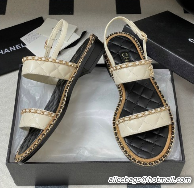 Big Discount Chanel Lambskin Flat Sandals with Chain White 2025A CH071507