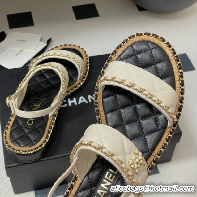 Big Discount Chanel Lambskin Flat Sandals with Chain White 2025A CH071507
