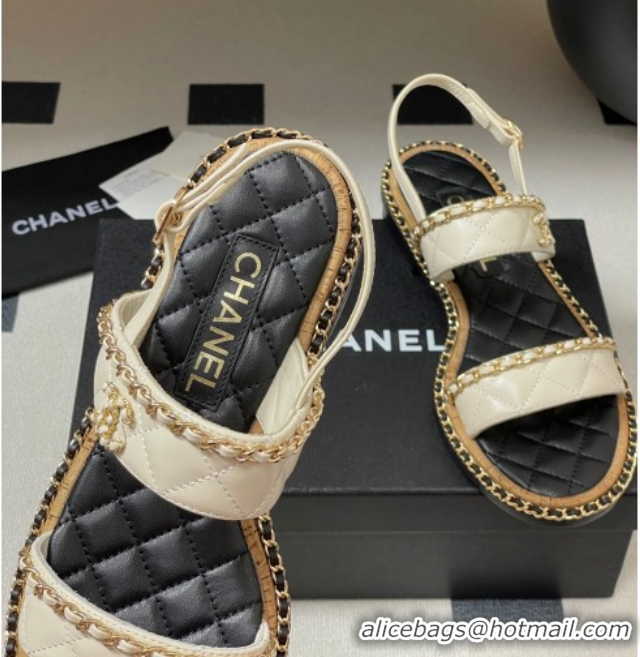 Big Discount Chanel Lambskin Flat Sandals with Chain White 2025A CH071507