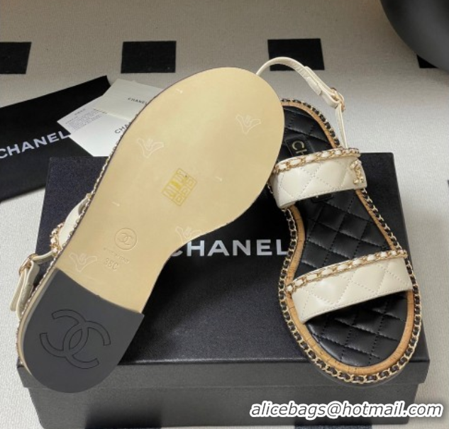 Big Discount Chanel Lambskin Flat Sandals with Chain White 2025A CH071507