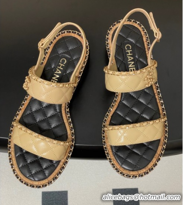 Best Product Chanel Lambskin Flat Sandals with Chain Beige 2025A CH071507