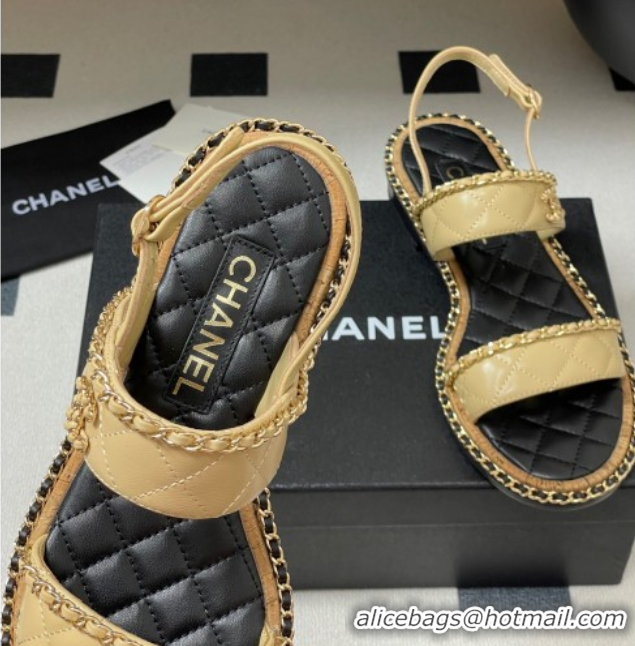 Best Product Chanel Lambskin Flat Sandals with Chain Beige 2025A CH071507