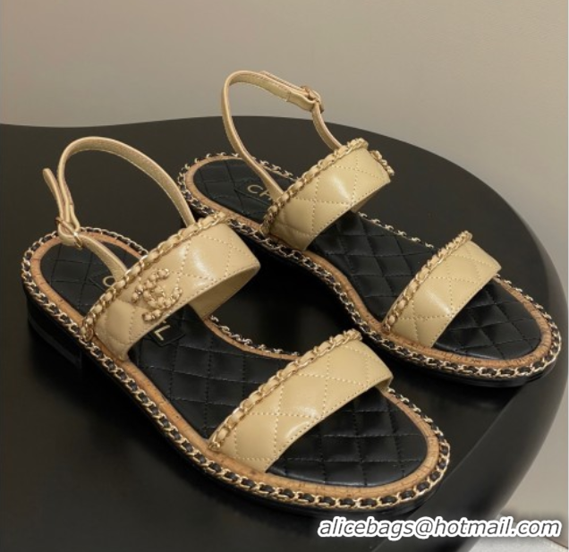 Best Product Chanel Lambskin Flat Sandals with Chain Beige 2025A CH071507