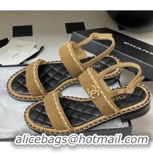 Good Quality Chanel Fabric Flat Sandals with Chain Brown 2025A CH071507