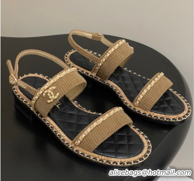 Good Quality Chanel Fabric Flat Sandals with Chain Brown 2025A CH071507