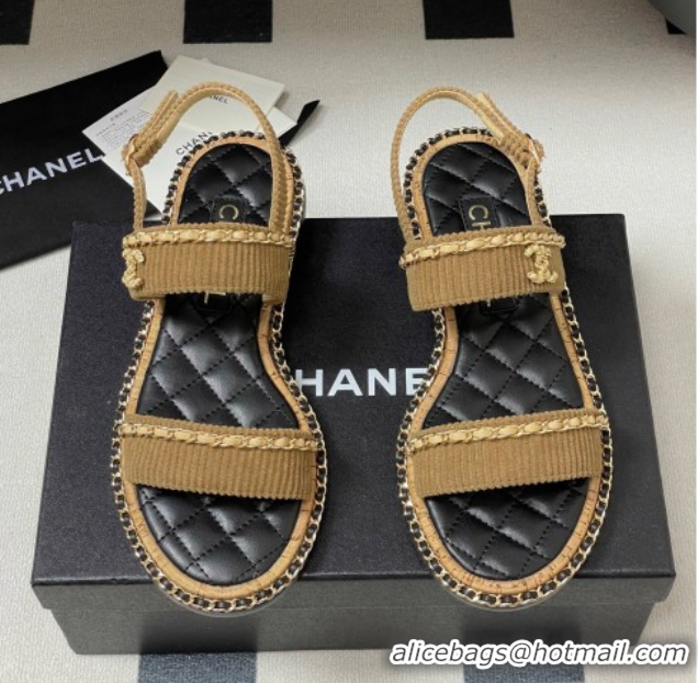 Good Quality Chanel Fabric Flat Sandals with Chain Brown 2025A CH071507