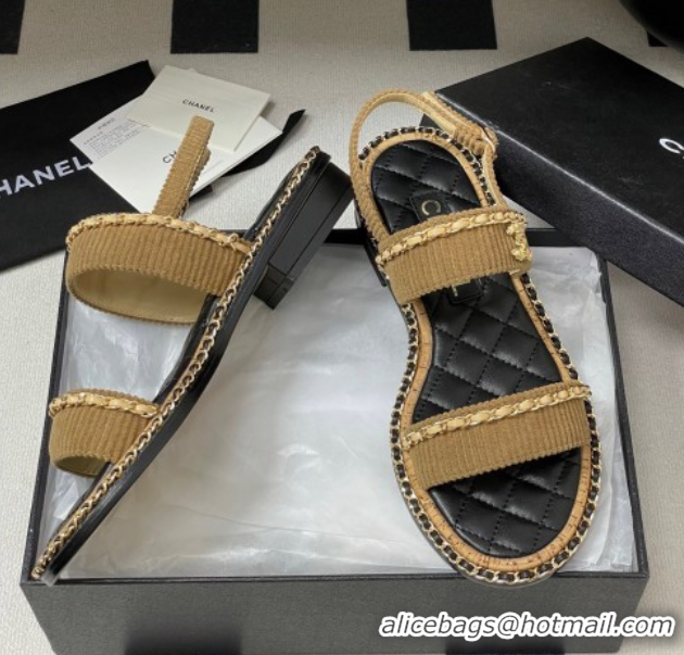 Good Quality Chanel Fabric Flat Sandals with Chain Brown 2025A CH071507