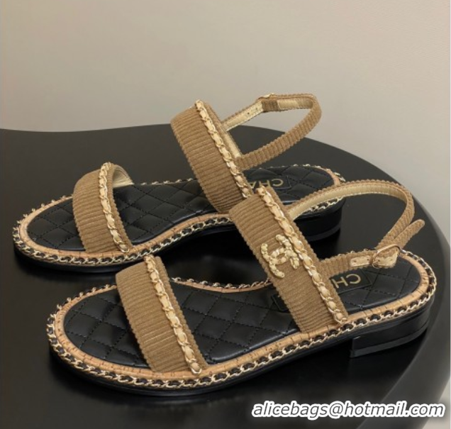 Good Quality Chanel Fabric Flat Sandals with Chain Brown 2025A CH071507