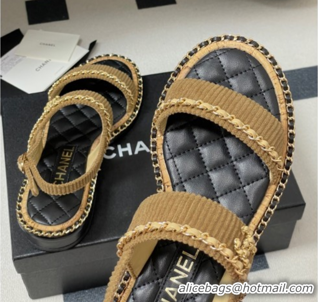 Good Quality Chanel Fabric Flat Sandals with Chain Brown 2025A CH071507