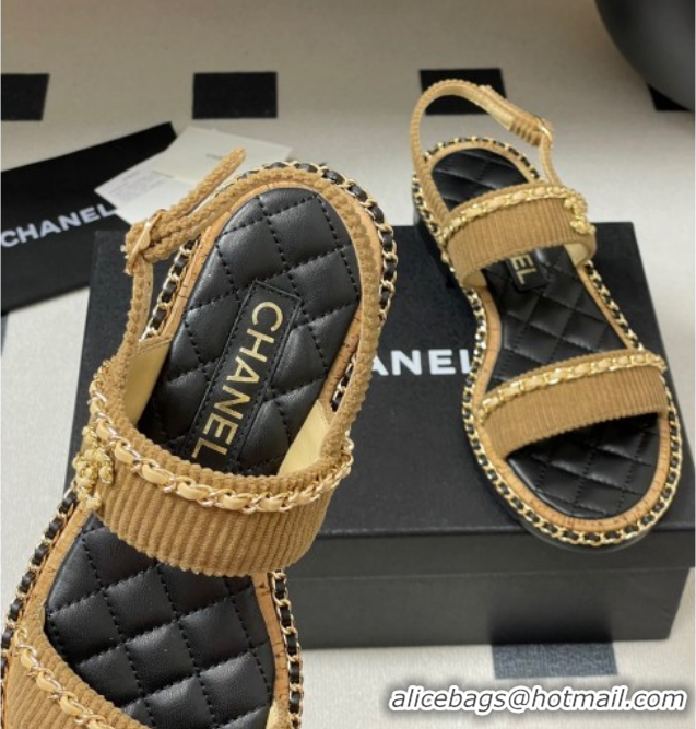 Good Quality Chanel Fabric Flat Sandals with Chain Brown 2025A CH071507