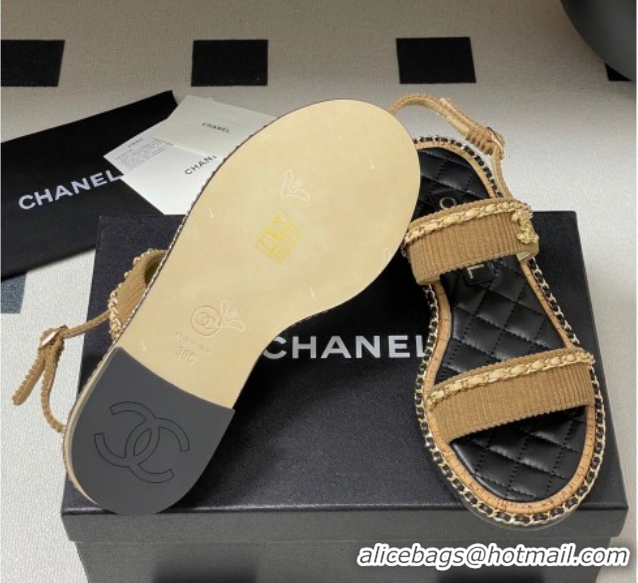 Good Quality Chanel Fabric Flat Sandals with Chain Brown 2025A CH071507
