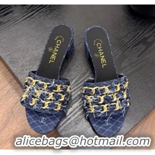 Top Grade Chanel Denim Heel Slides Sandal with Chain Strap Navy Blue 2025A CH071508