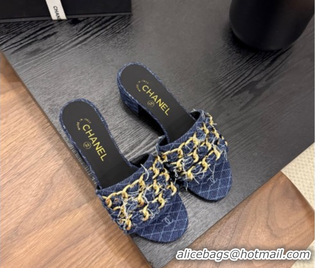 Top Grade Chanel Denim Heel Slides Sandal with Chain Strap Navy Blue 2025A CH071508