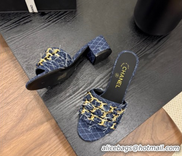 Top Grade Chanel Denim Heel Slides Sandal with Chain Strap Navy Blue 2025A CH071508
