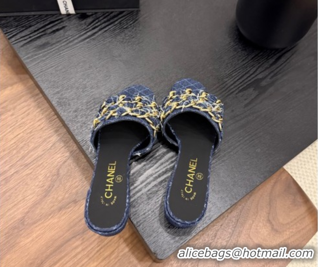 Top Grade Chanel Denim Heel Slides Sandal with Chain Strap Navy Blue 2025A CH071508