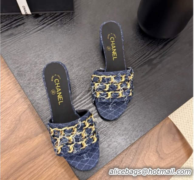 Top Grade Chanel Denim Heel Slides Sandal with Chain Strap Navy Blue 2025A CH071508