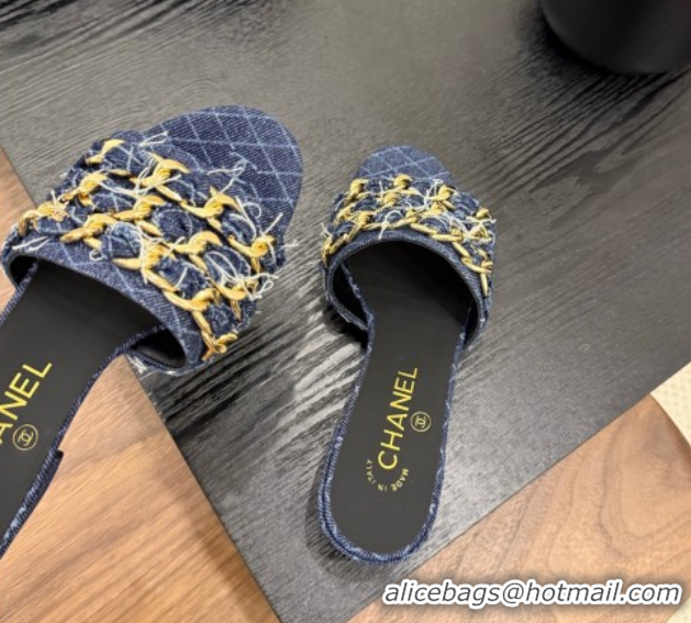 Top Grade Chanel Denim Heel Slides Sandal with Chain Strap Navy Blue 2025A CH071508