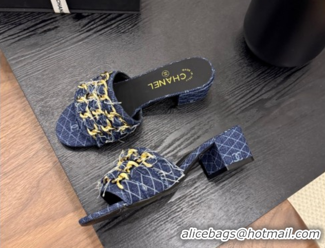 Top Grade Chanel Denim Heel Slides Sandal with Chain Strap Navy Blue 2025A CH071508