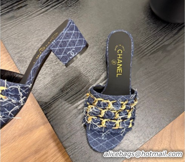Top Grade Chanel Denim Heel Slides Sandal with Chain Strap Navy Blue 2025A CH071508