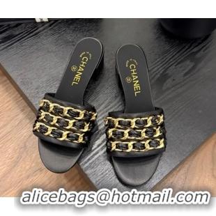 Sumptuous Chanel Calfskin Heel Slides Sandal with Chain Strap Black 2025A CH071508