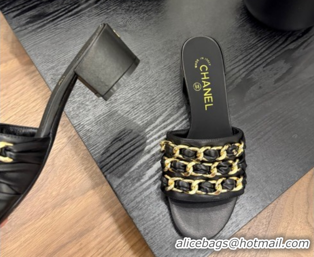 Sumptuous Chanel Calfskin Heel Slides Sandal with Chain Strap Black 2025A CH071508