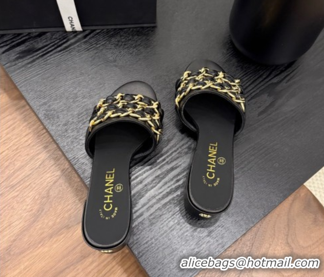 Sumptuous Chanel Calfskin Heel Slides Sandal with Chain Strap Black 2025A CH071508