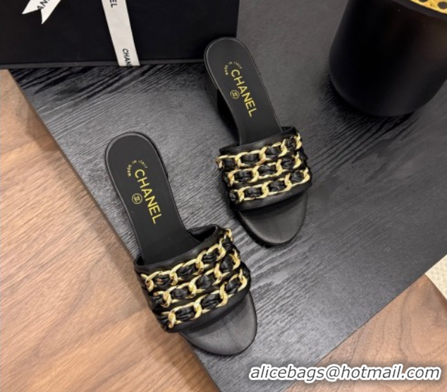 Sumptuous Chanel Calfskin Heel Slides Sandal with Chain Strap Black 2025A CH071508