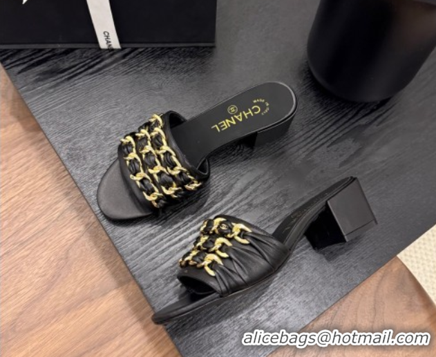 Sumptuous Chanel Calfskin Heel Slides Sandal with Chain Strap Black 2025A CH071508