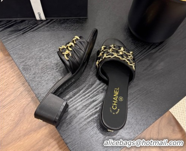 Sumptuous Chanel Calfskin Heel Slides Sandal with Chain Strap Black 2025A CH071508