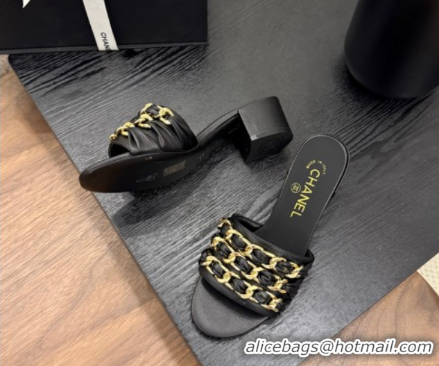 Sumptuous Chanel Calfskin Heel Slides Sandal with Chain Strap Black 2025A CH071508
