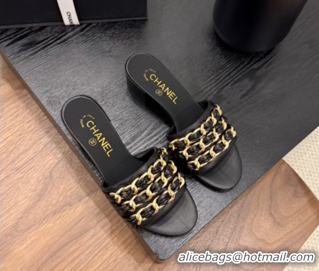 Sumptuous Chanel Calfskin Heel Slides Sandal with Chain Strap Black 2025A CH071508