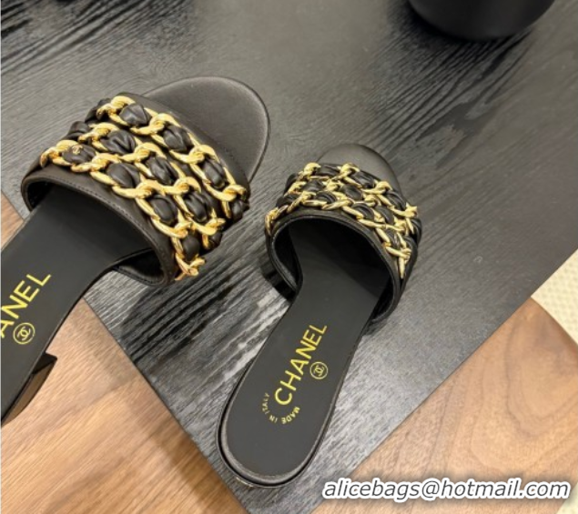 Sumptuous Chanel Calfskin Heel Slides Sandal with Chain Strap Black 2025A CH071508