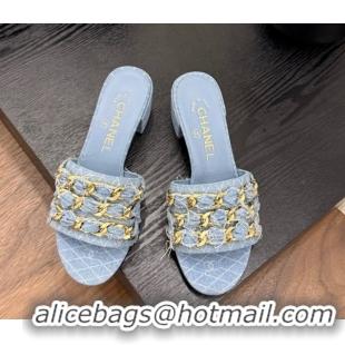 Popular Style Chanel Denim Heel Slides Sandal with Chain Strap Light Blue 2025A CH071508