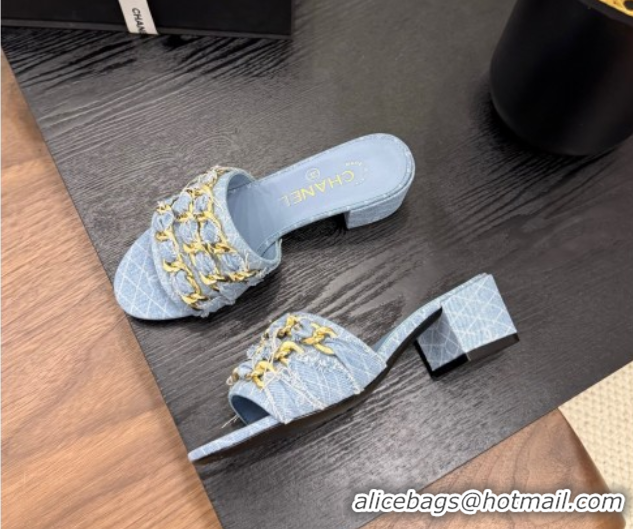 Popular Style Chanel Denim Heel Slides Sandal with Chain Strap Light Blue 2025A CH071508
