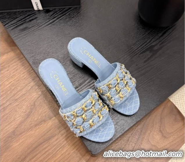 Popular Style Chanel Denim Heel Slides Sandal with Chain Strap Light Blue 2025A CH071508